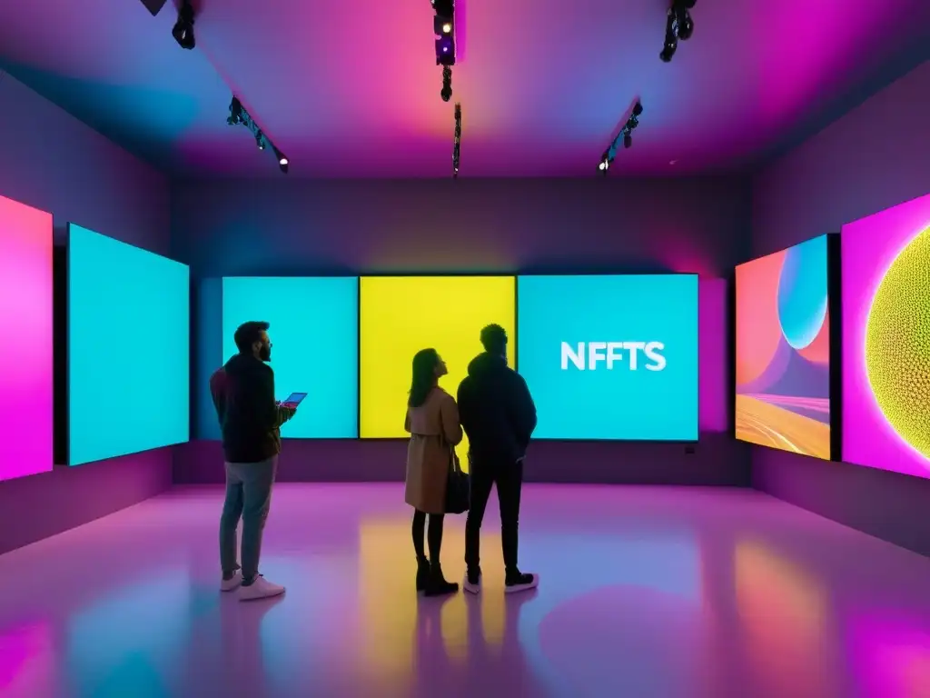 Vibrante galería de arte digital con NFTs, ambiente futurista y personas interactuando