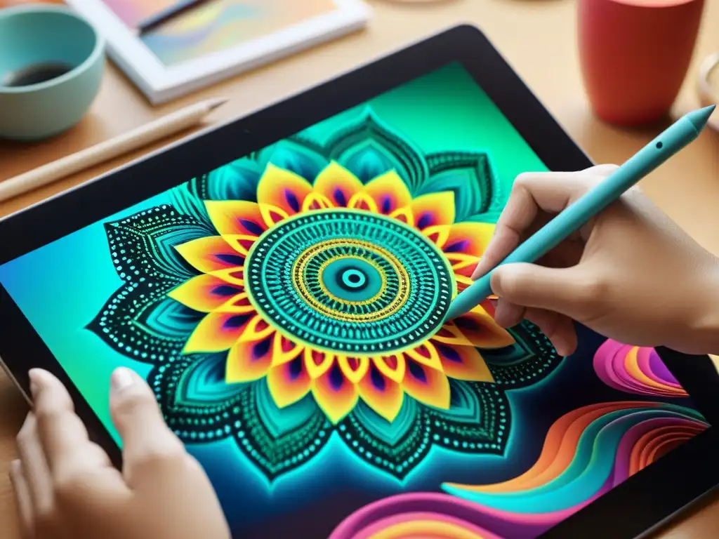 Creación vibrante de arte digital con detalle ultrapreciso en tablet de alta resolución, exudando creatividad y energía artística