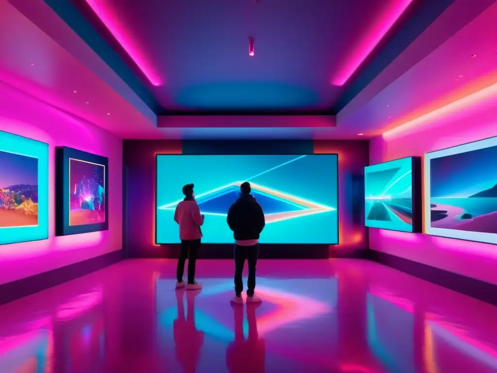 Vibrante galería de arte futurista con NFTs en venta y ambiente hipnótico de neón