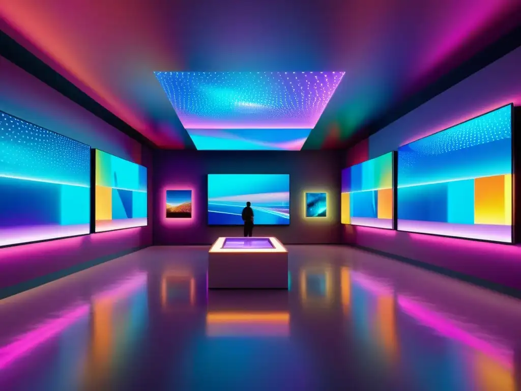 Vibrante galería de arte futurista con NFTs holográficos, evocando la fascinación por la fiscalidad NFT: consideraciones legales artistas