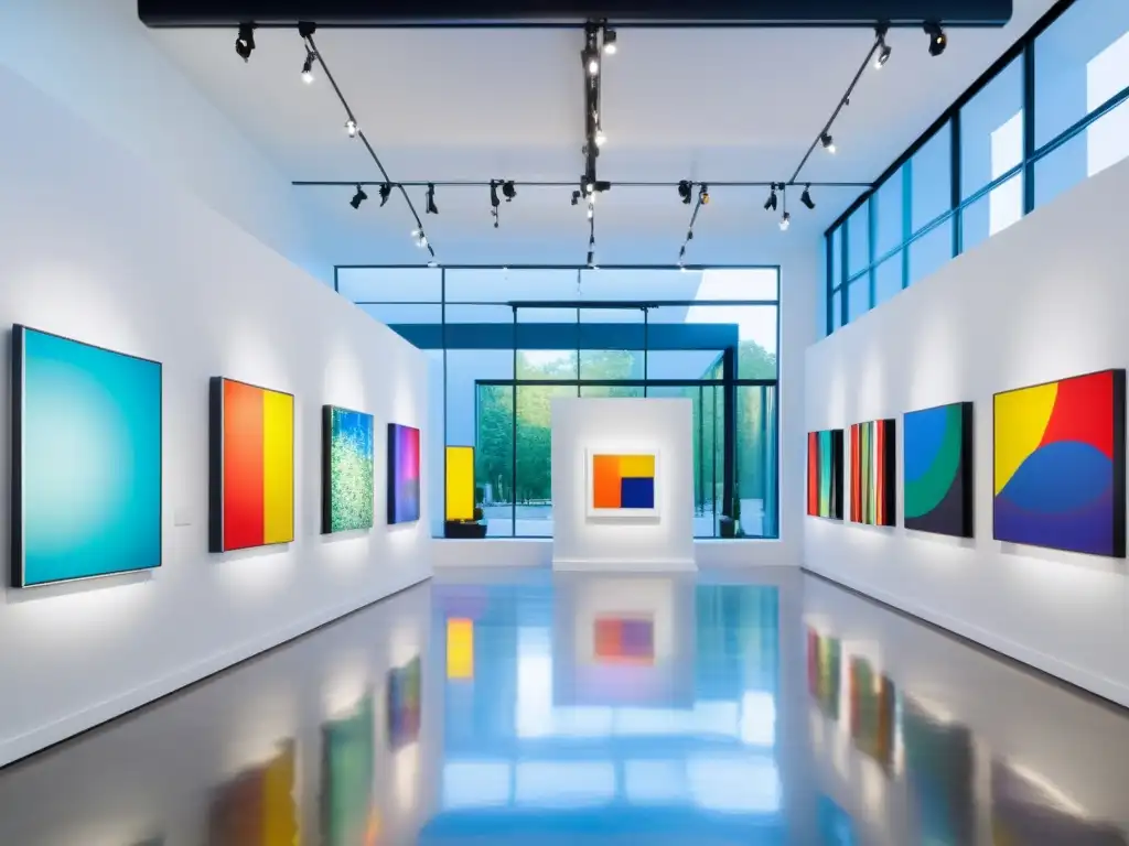 Vibrante galería de arte moderno con escultura de acero espejado, reflejando obras coloridas