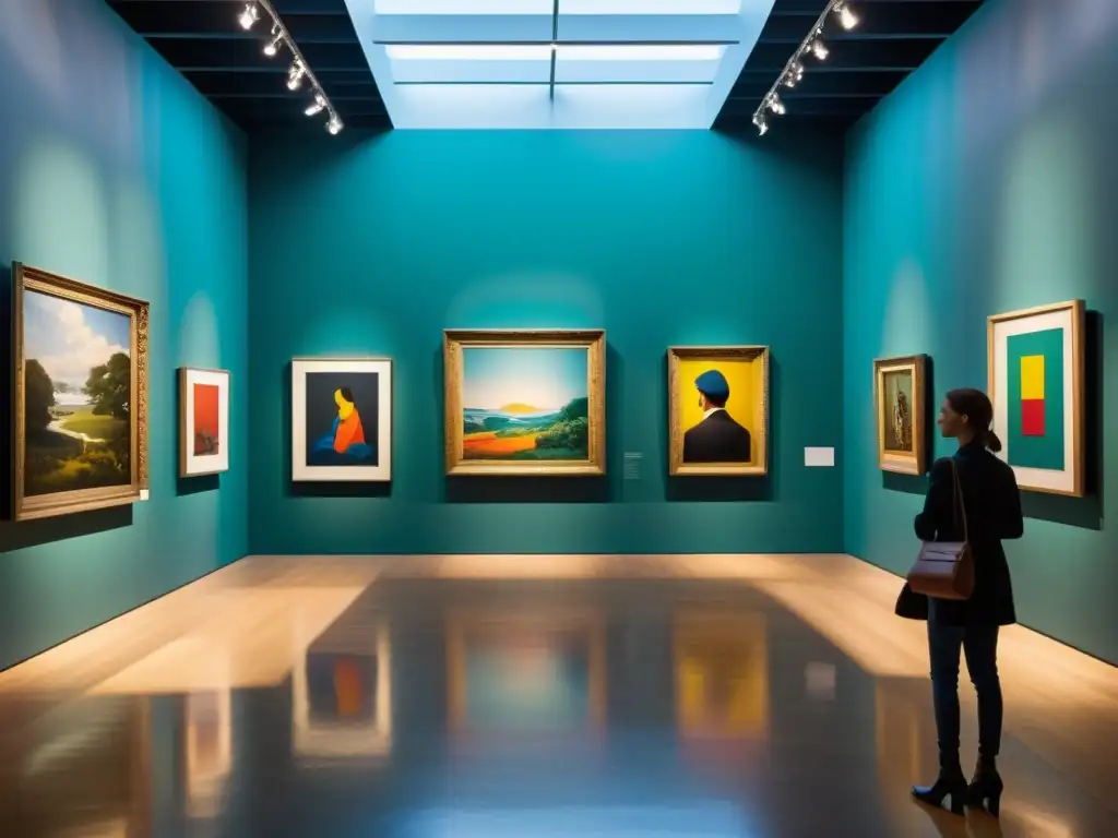 Galería de arte moderno: obras vibrantes y visitantes asombrados Vibrante galería de arte moderno con obras detalladas y visitantes admirando