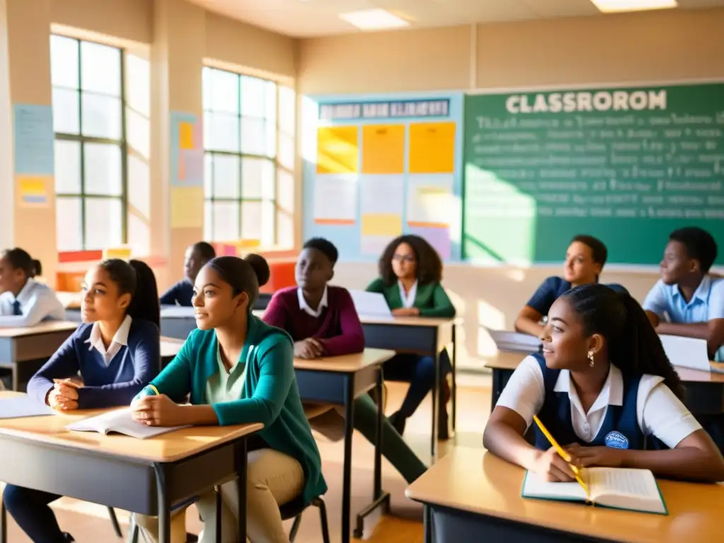 Aula vibrante: aprendizaje diverso y participativo Vibrante aula con estudiantes participando en activa discusión