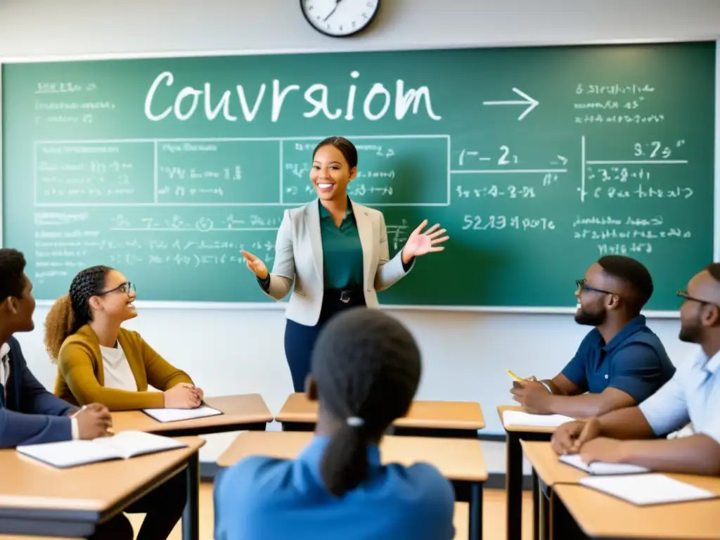 Vibrante aula con estudiantes participativos y maestro liderando la discusión, rodeados de herramientas educativas modernas