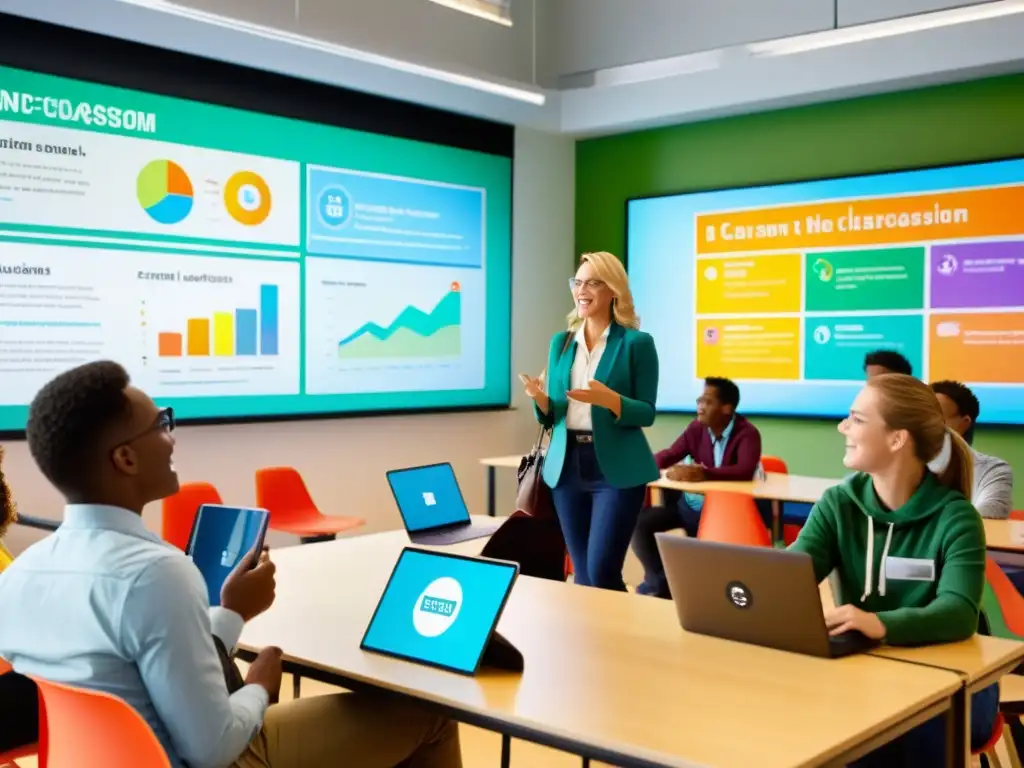 Vibrante aula moderna con estudiantes participando en discusión interactiva, dispositivos electrónicos y herramientas de presentación