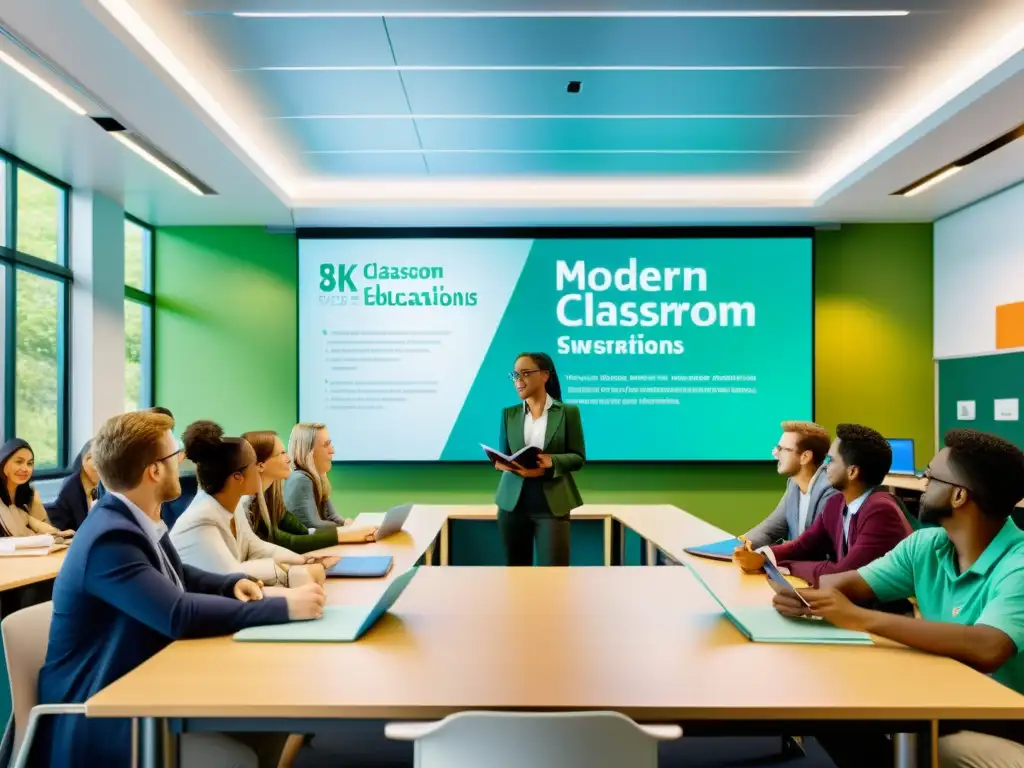 Vibrante aula moderna con estudiantes y profesor, respetando derechos de autor en presentaciones educativas