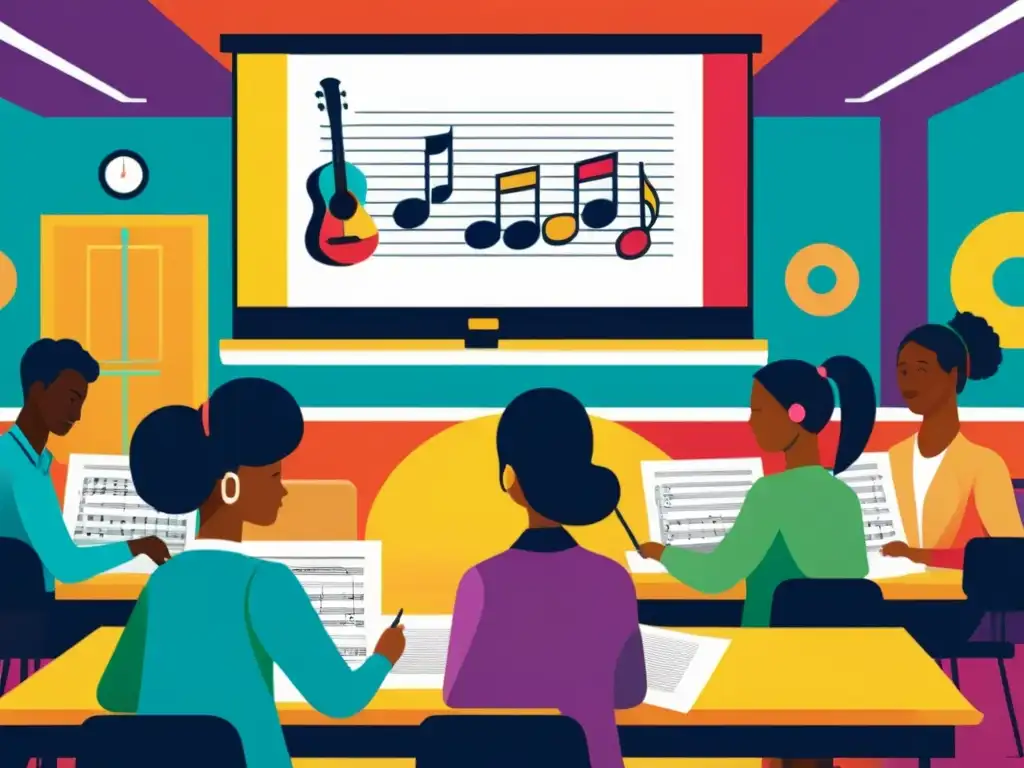 Vibrante ilustración de aula musical con discusión sobre Derechos de autor en la enseñanza musical