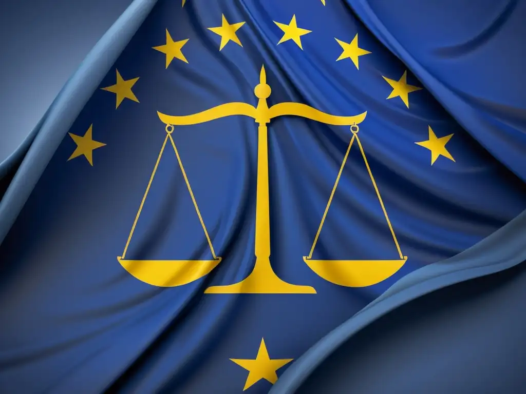 Vibrante ilustración de la bandera de la Unión Europea con la balanza de la justicia, representando aspectos legales y regulatorios en la UE