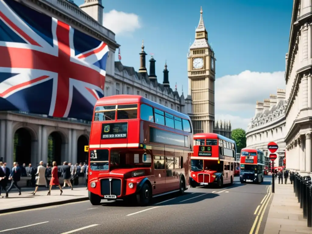 Vibrante calle londinense con autobuses rojos y taxis negros, ondeando la bandera británica