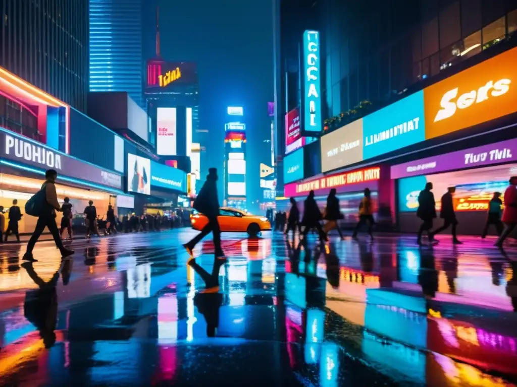 Vibrante calle nocturna con luces de neón y tráfico, reflejadas en el pavimento mojado