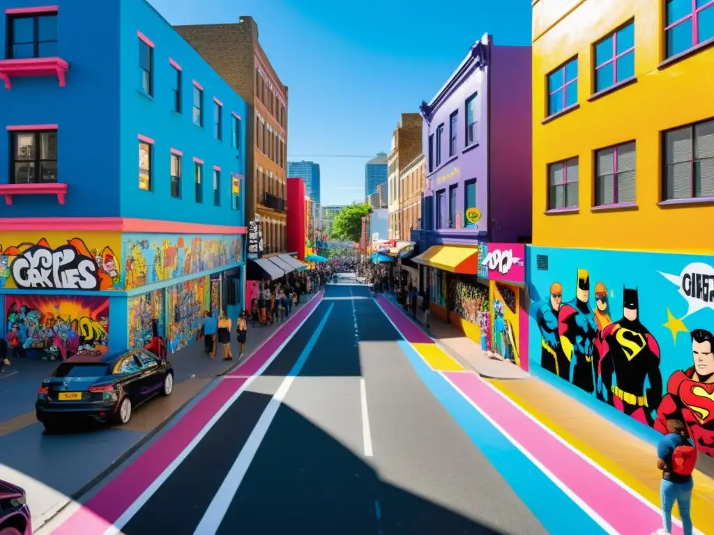Vibrante calle urbana con graffiti de icónicos personajes de la cultura pop