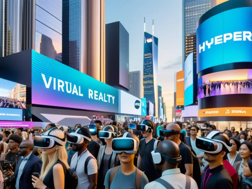 Vibrante calle urbana con rascacielos futuristas y multitud inmersa en realidad virtual, mostrando la impacto de la propiedad intelectual en realidad virtual