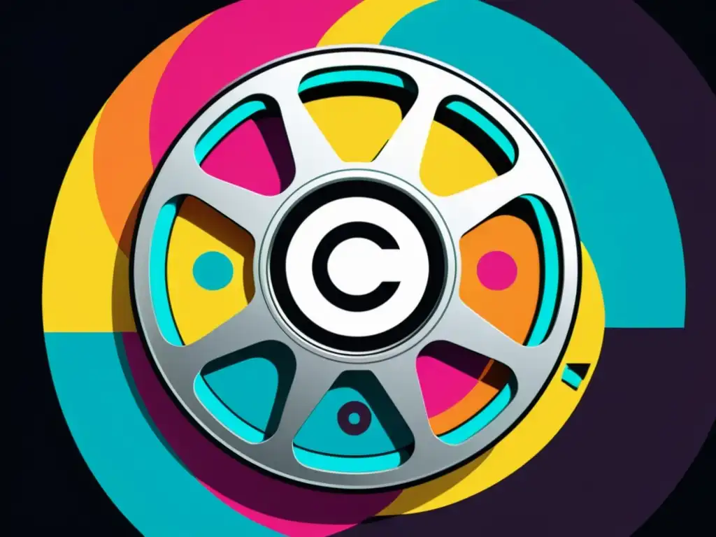 Vibrante ilustración de carrete de película con símbolos de derechos de autor, representando la tensión entre leyes de censura y protección de derechos de autor en la industria del cine y la televisión