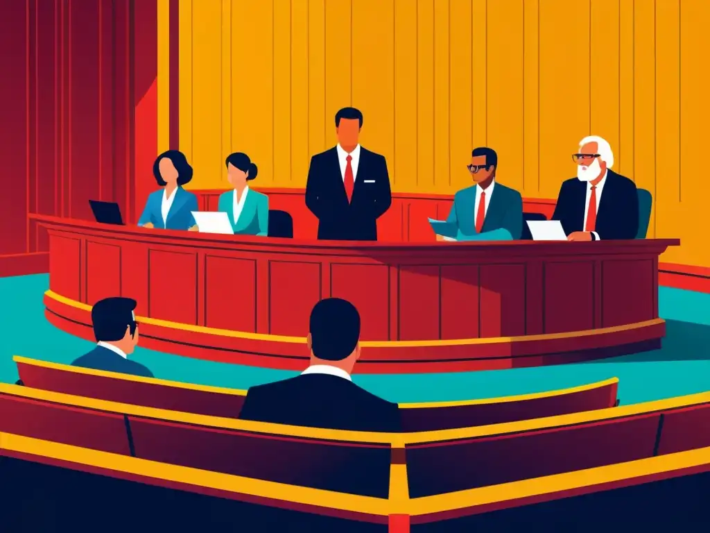 Vibrante ilustración de un caso famoso de propiedad intelectual en la sala del tribunal, con abogados, jueces y una audiencia, transmitiendo tensión y drama con un diseño moderno y colores intensos