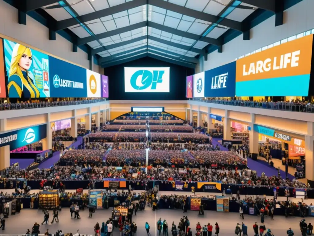 Un vibrante centro de convenciones rebosante de fanáticos y cosplayers, con coloridos stands y banners de fandom