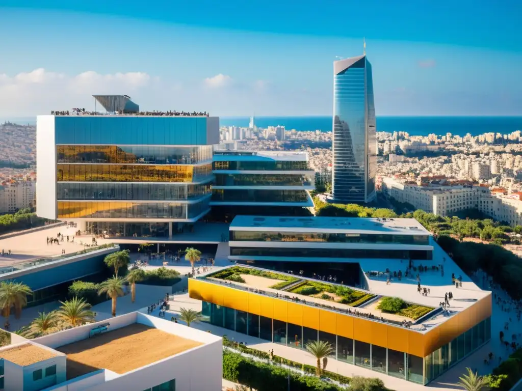 Vibrante centro tecnológico en Tel Aviv, Israel, con innovadoras startups y modernas oficinas