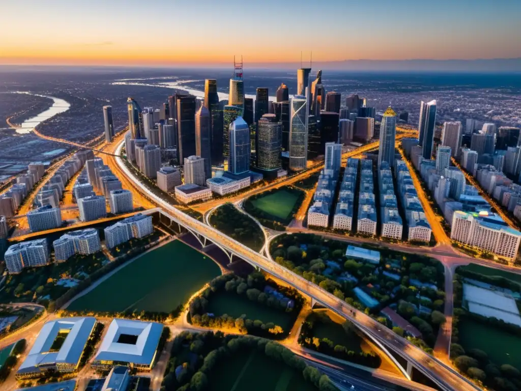 Vibrante ciudad al atardecer, con rascacielos, carreteras iluminadas y paisaje verde