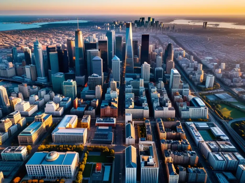 Vibrante ciudad al atardecer, vista aérea capturada por un dron