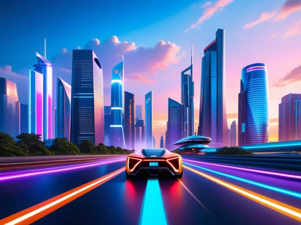 Vibrante ciudad futurista al atardecer, con rascacielos y tecnología de inteligencia artificial