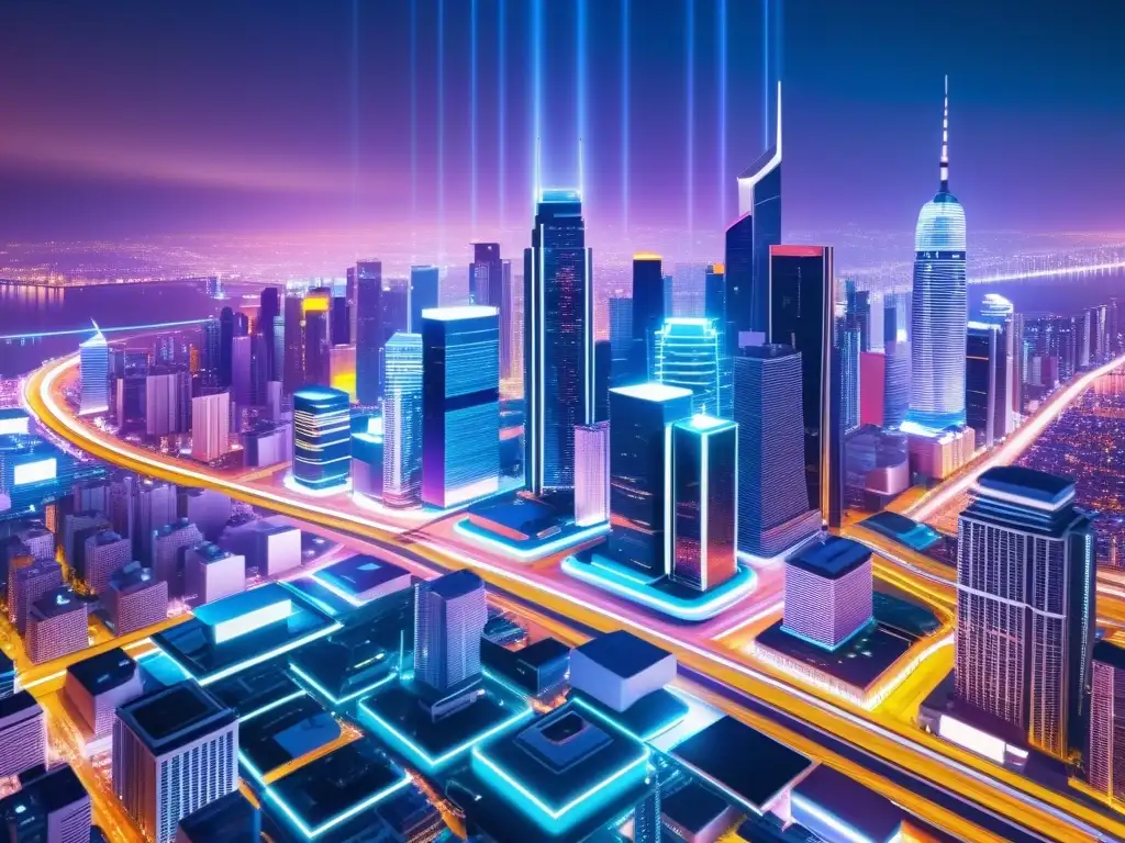 Vibrante ciudad futurista con datos digitales entre rascacielos, reflejando los desafíos legales propiedad intelectual big data