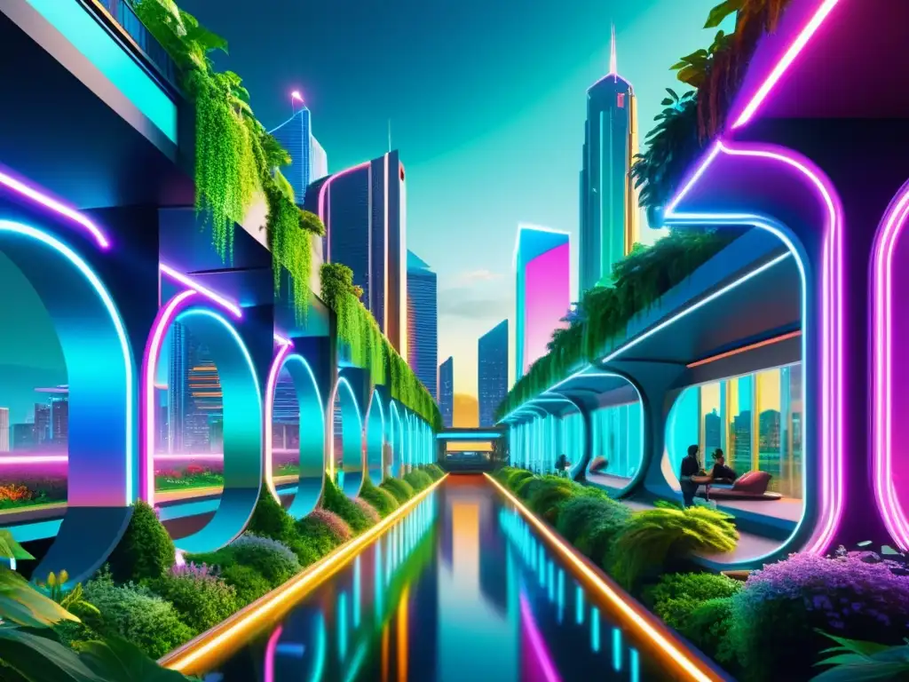 Vibrante ciudad futurista con edificios reflectantes, luces neón y naturaleza