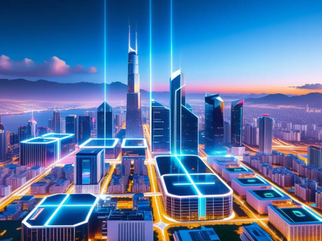 Vibrante ciudad futurista con edificios conectados, reflejando la naturaleza descentralizada de la tecnología blockchain