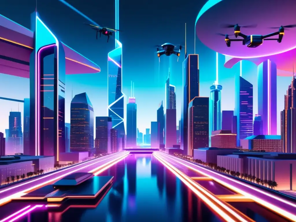 Vibrante ciudad futurista generada por IA, fusionando elementos orgánicos y tecnológicos