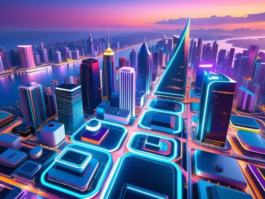 Vibrante ciudad futurista generada por IA con rascacielos brillantes, tecnología avanzada y modelos de negocio para obras generadas por IA