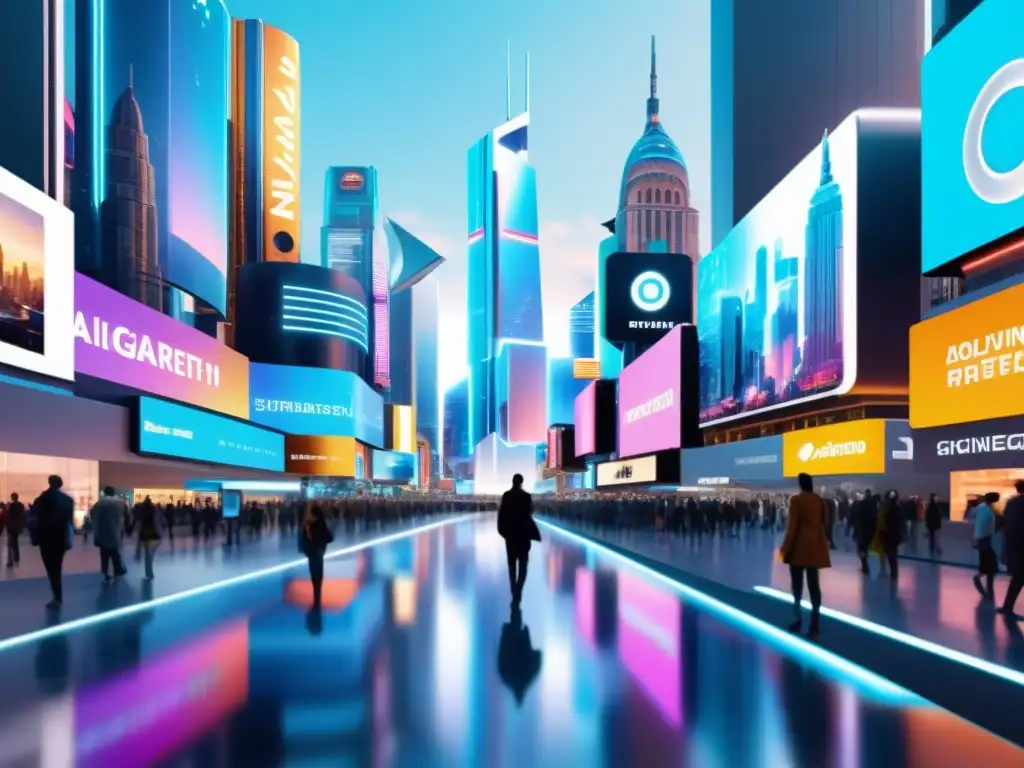 Vibrante ciudad futurista con hologramas y robots, ilustrando los derechos de autor en inteligencia artificial