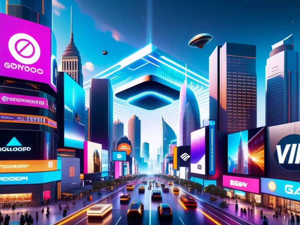 Vibrante ciudad futurista con hologramas de videojuegos y símbolos de derechos autor entre rascacielos, mostrando la monetización de videojuegos y derechos autor en un ambiente moderno y cautivador