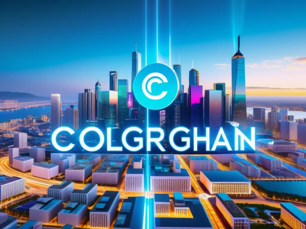 Vibrante ciudad futurista con hologramas de símbolos de copyright y tecnología blockchain