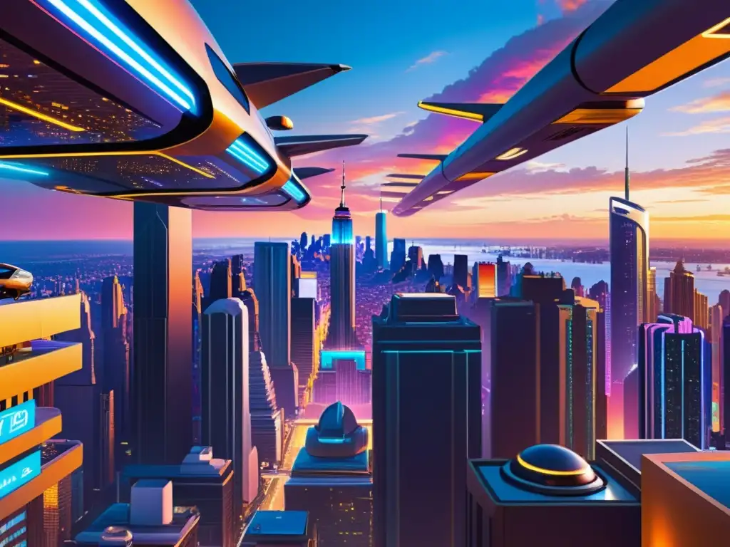 Vibrante ciudad futurista con hologramas y neón en atardecer dorado