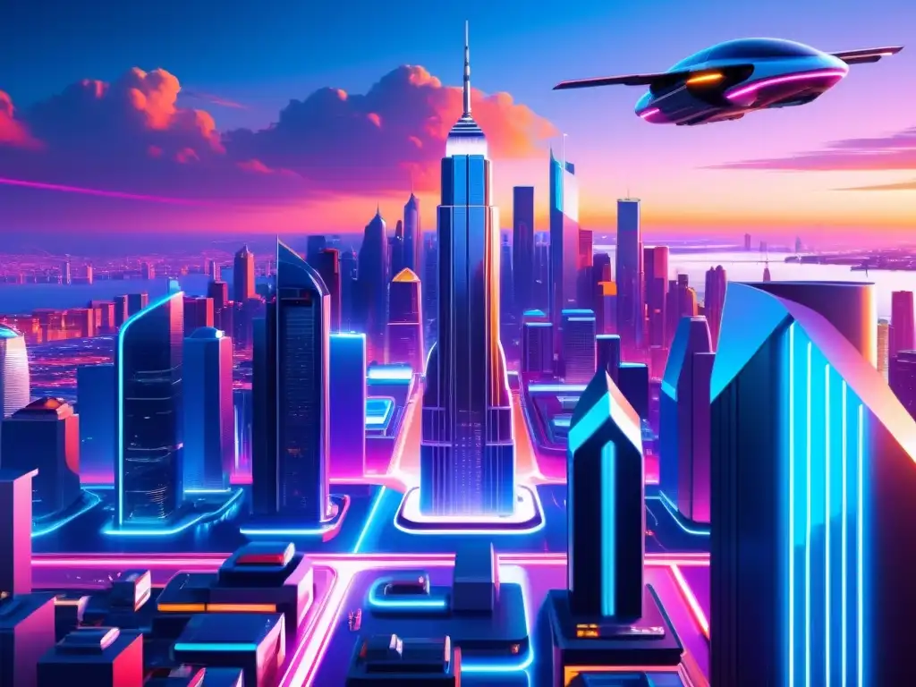 Vibrante ciudad futurista con IA, rascacielos, luces neón y autos voladores