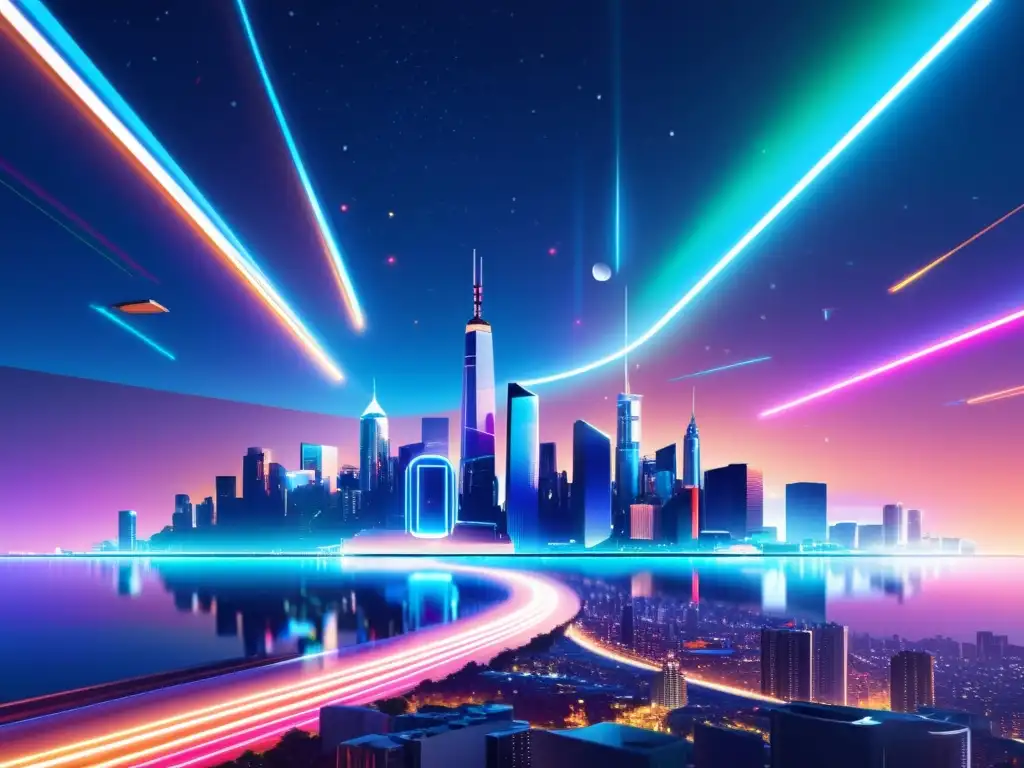 Vibrante ciudad futurista con luces neón, hologramas y anuncios de marketing digital