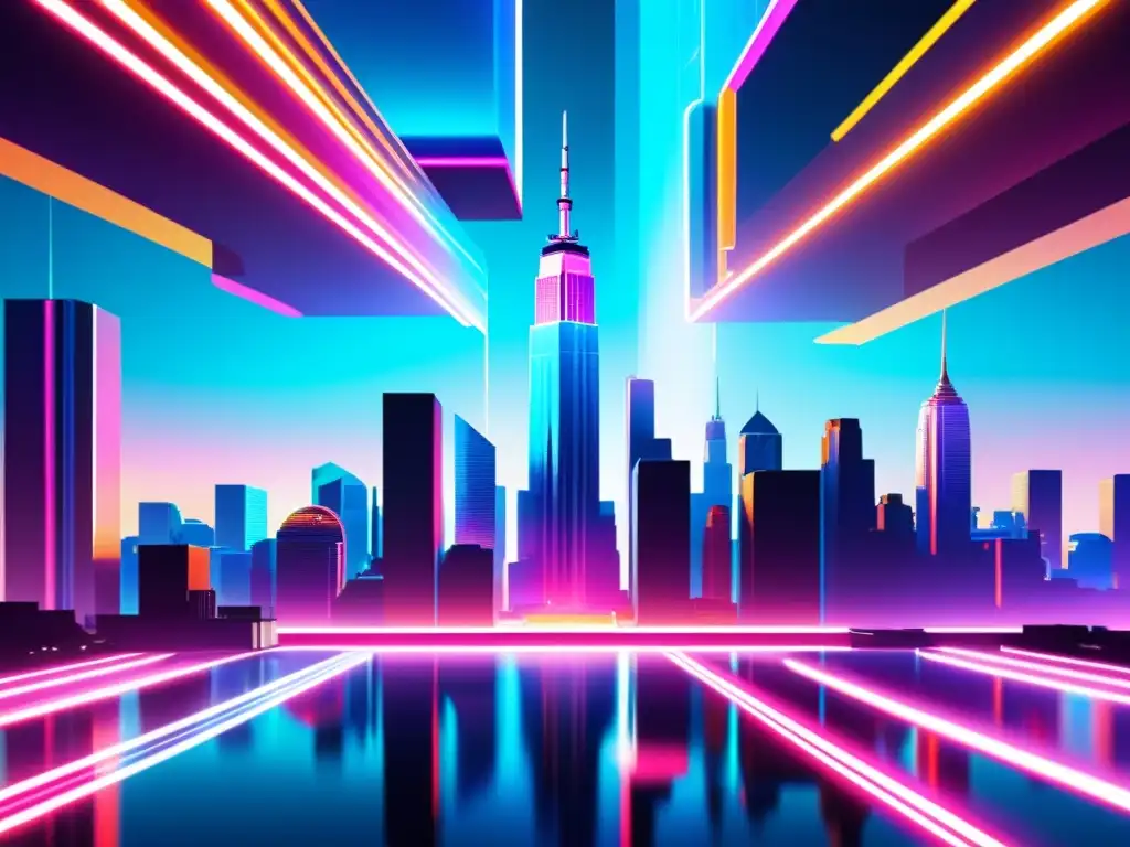 Futurista ciudad digital con luces de neón y arte NFT Vibrante ciudad futurista con NFT y arte digital, fusionando tecnología y creatividad