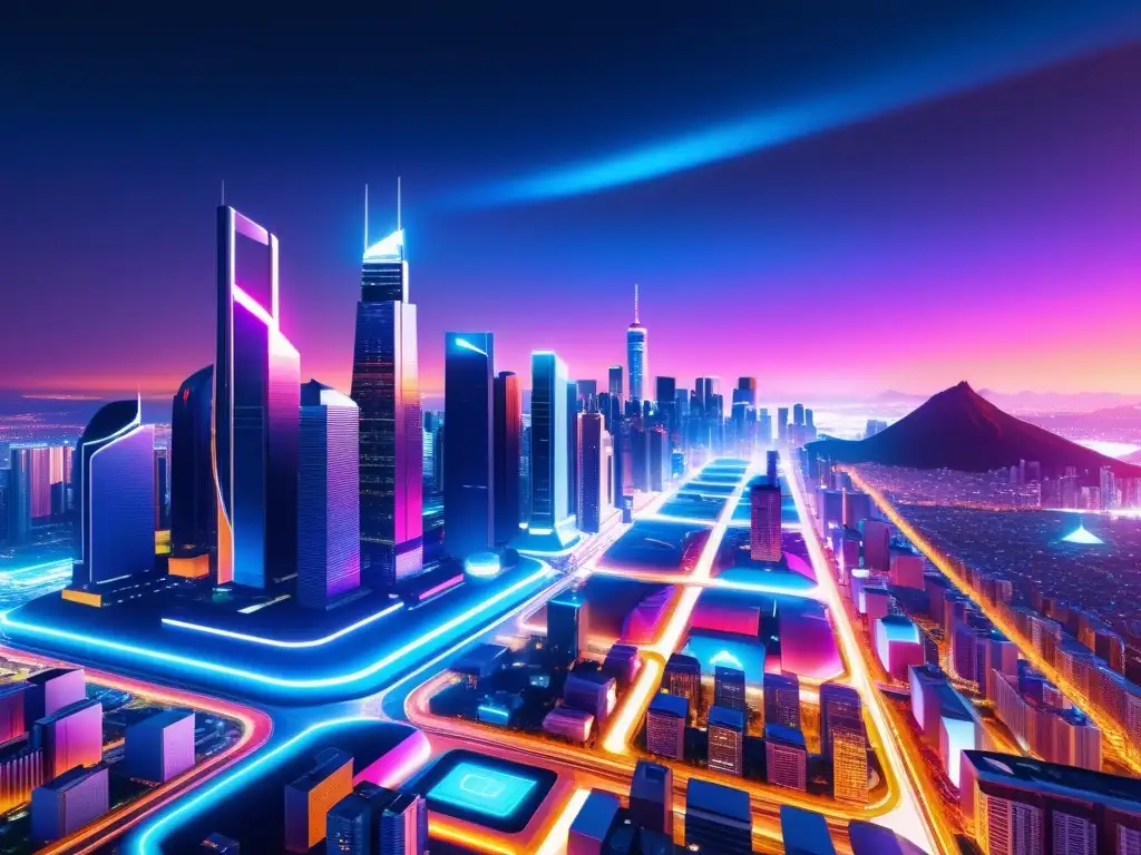 Vibrante ciudad futurista de noche con luces de neón y paisaje digital, ideal para licencia de música electrónica y videojuegos