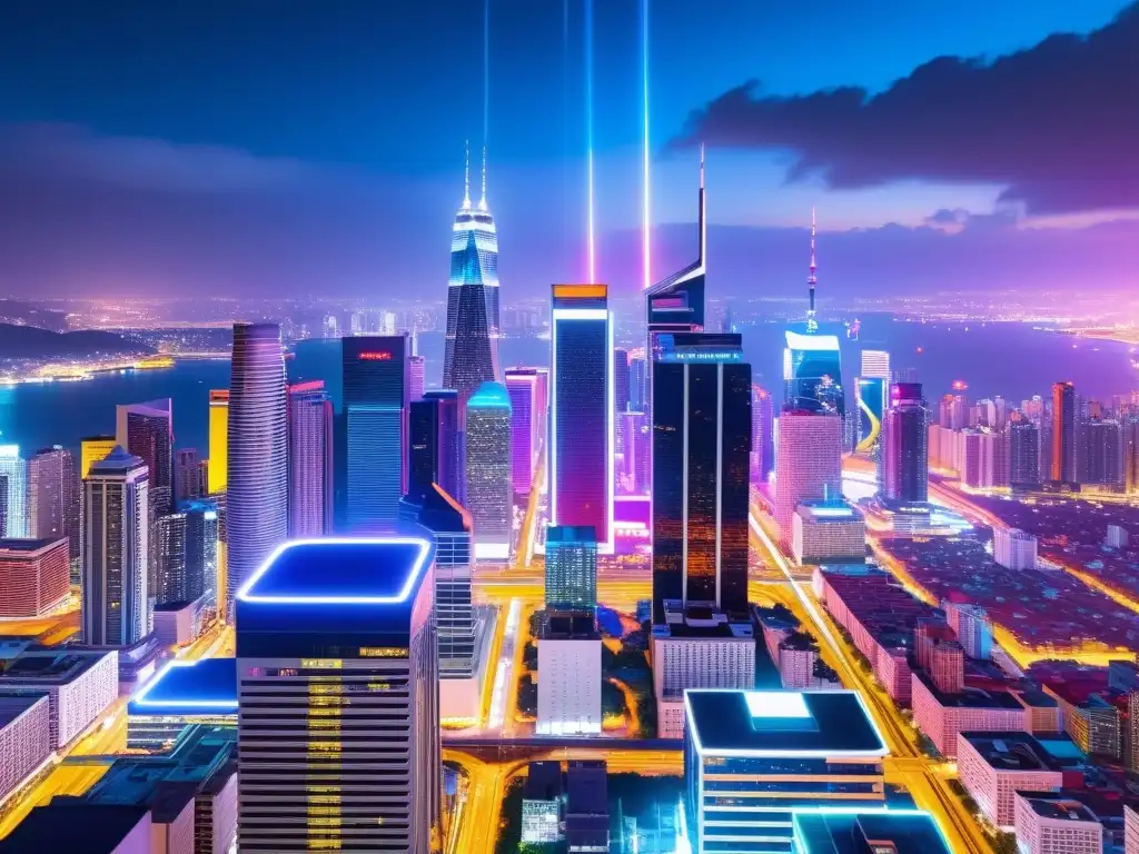Vibrante ciudad futurista de noche, con luces de neón iluminando rascacielos de cristal y reflejándose en las bulliciosas calles