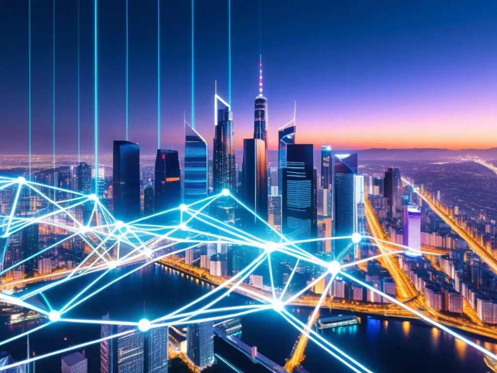 Vibrante ciudad futurista de noche con luces de neón y conexiones de datos, integrando la estrategia de marcas en Big Data