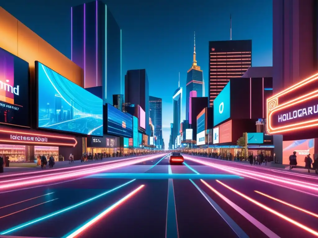 Vibrante ciudad futurista de noche con elementos holográficos de juegos de realidad aumentada, destacando la ciberseguridad en juegos de AR