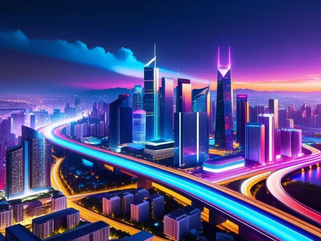 Vibrante ciudad futurista de noche con rascacielos iluminados por luces de neón, simbolizando soluciones avanzadas en la era de la globalización y la protección de marcas