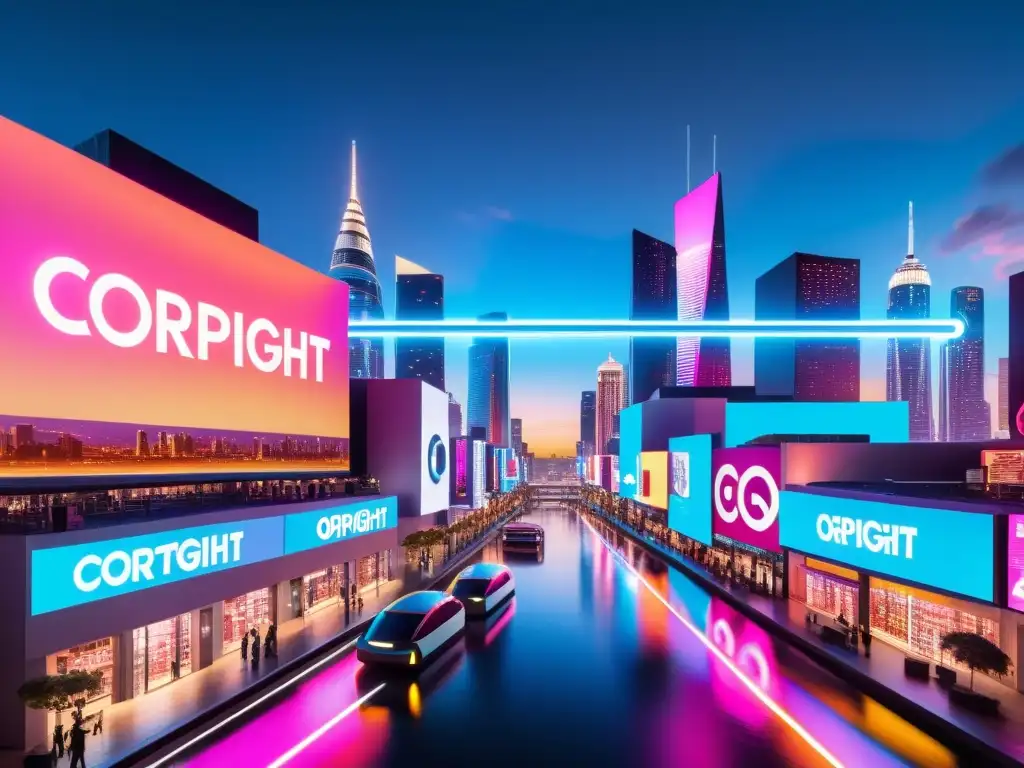 Vibrante ciudad futurista de noche con símbolos de copyright y realidad virtual, reflejando la legislación de derechos de autor