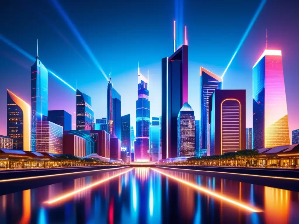 Vibrante ciudad futurista de noche, con rascacielos iluminados por luces neón