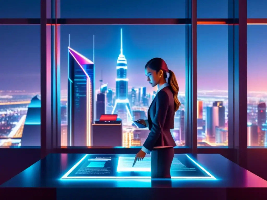 Vibrante ciudad futurista de noche con rascacielos iluminados y tecnología avanzada, donde se firma documento sobre Protección de ideas en IA