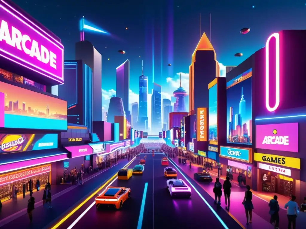 Vibrante ciudad futurista de noche con luces de neón y holografías, destacando un arcade de videojuegos de vanguardia