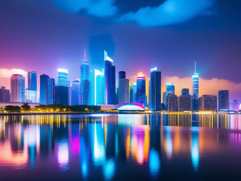 Una vibrante ciudad futurista de noche, con luces de neón y rascacielos modernos, reflejada en el agua, capturando la energía de la música electrónica y los derechos de sincronización