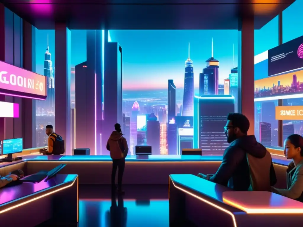 Vibrante ciudad futurista de noche con anuncios holográficos
