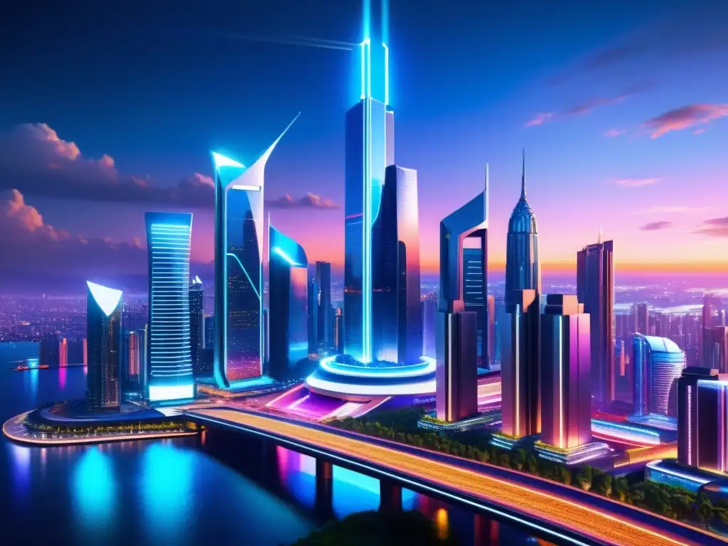 Vibrante ciudad futurista con rascacielos y transporte avanzado, reflejando la protección de innovación mediante patentes