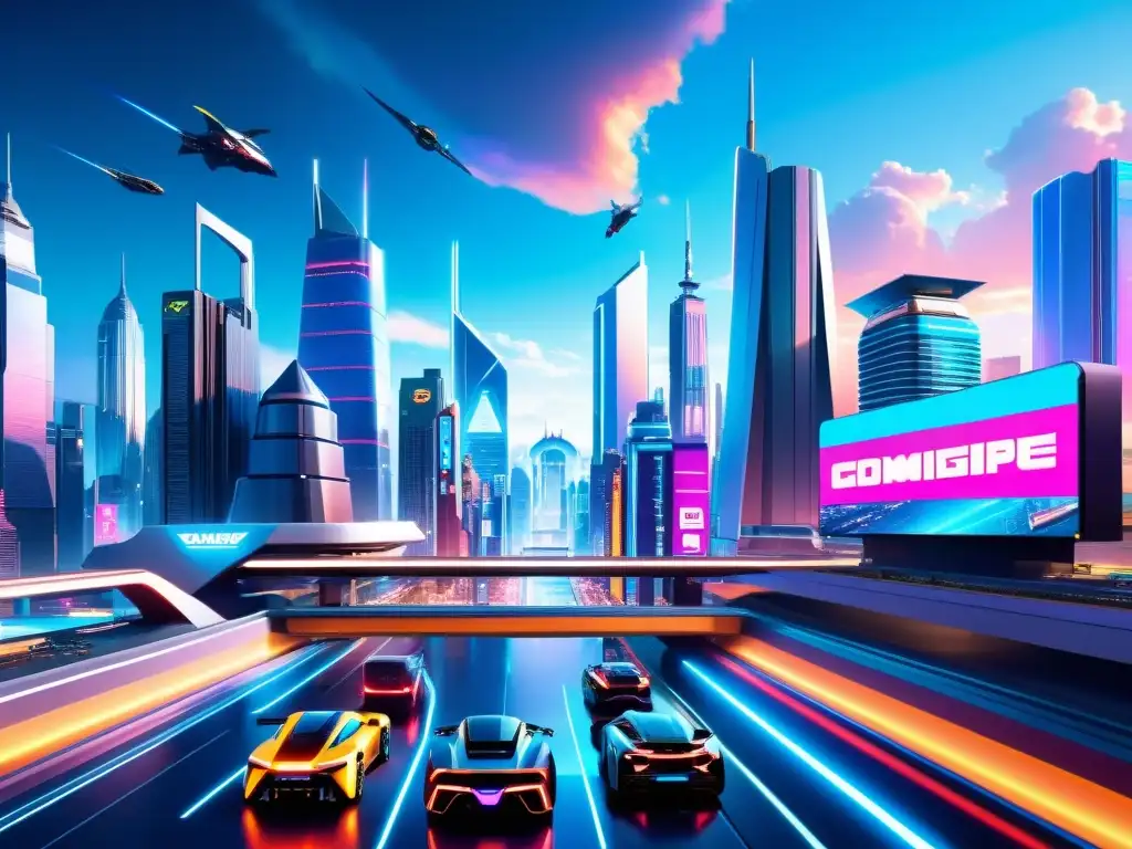 Vibrante ciudad futurista con rascacielos, hologramas y vehículos voladores, evocando innovación y tecnología