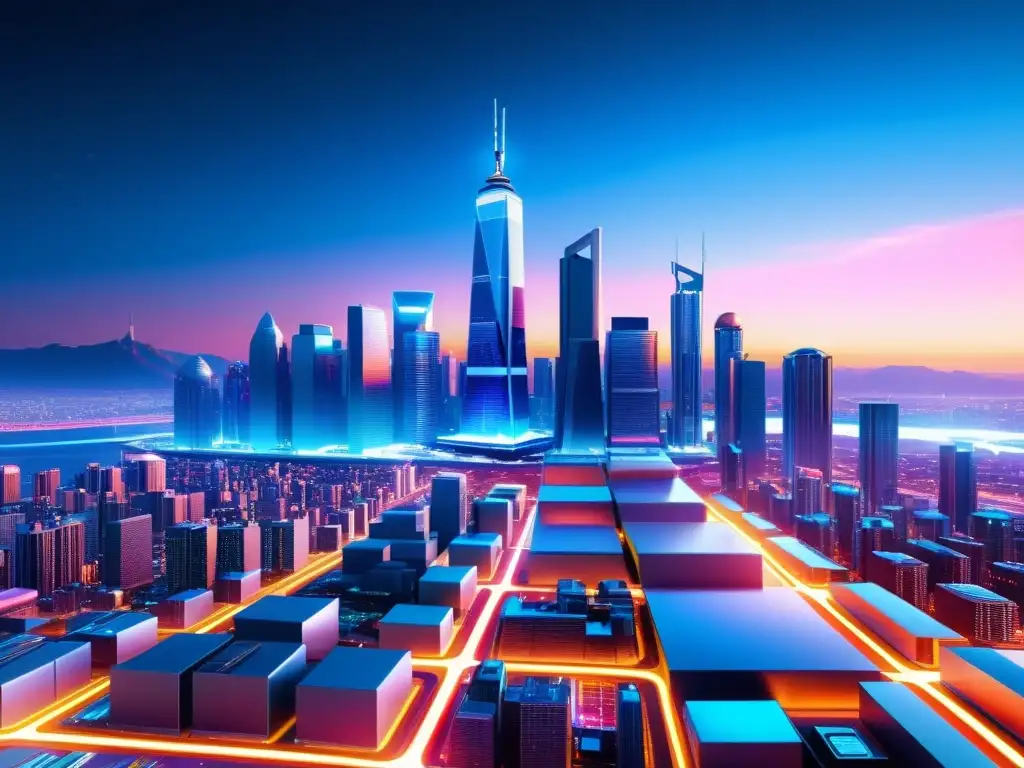 Metrópolis futurista: innovación tecnológica y luces neón Vibrante ciudad futurista con rascacielos y tecnología avanzada, mostrando la importancia de la protección legal para patentes de software