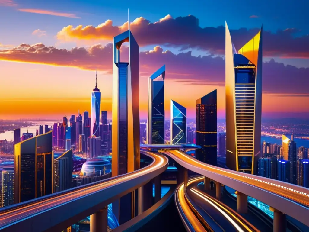 Vibrante ciudad futurista con rascacielos iluminados por luces neón, mostrando innovación y trabajo colaborativo